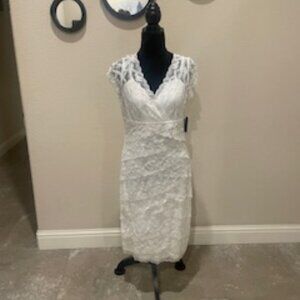 Marina Surplice White Deep V Neck Beaded Lace Cocktail Evening Dress Size 12